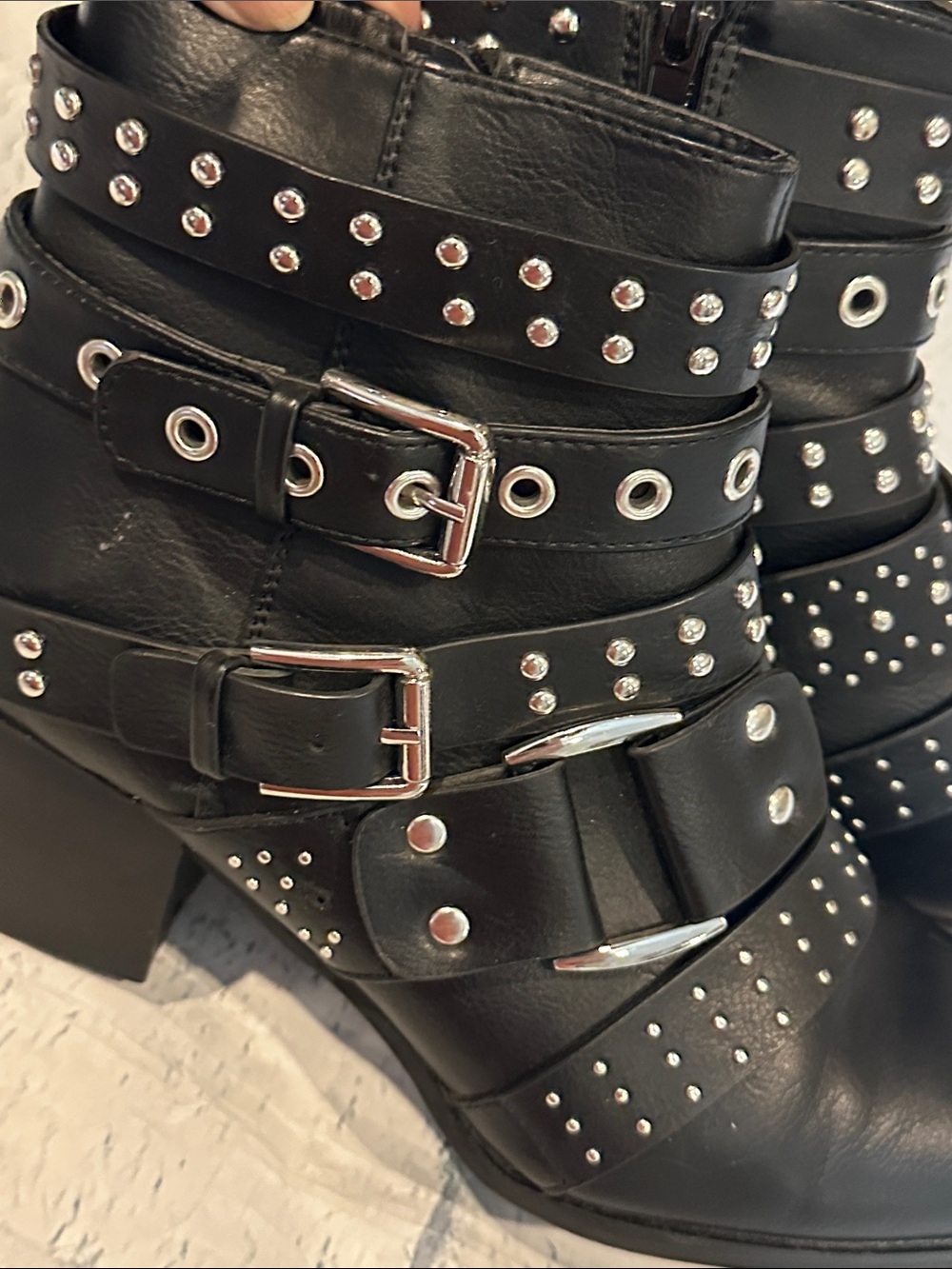 Fergalicious Studded Black Leather Ankle Boots with Buckle Straps - Picture 4 of 10